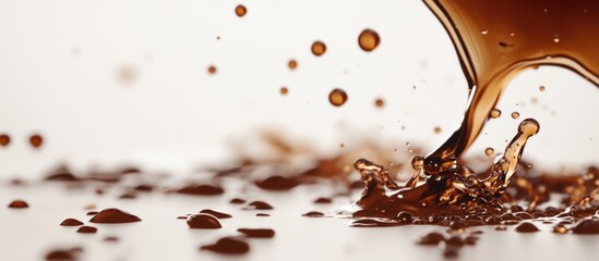 Fototapeta premium Liquid chocolate splash and droplets on a surface with copy space for text
