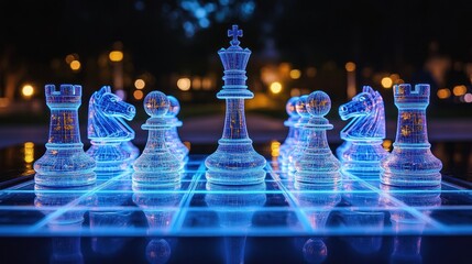 Glowing glass chess pieces on a digital board at night.