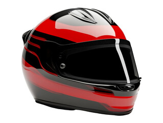 Red and black motorcycle helmet with a sleek aerodynamic design and a tinted visor for enhanced safety and style on the road, isolated on transparent background, PNG, cut out