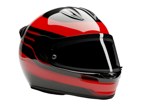 Red and black motorcycle helmet with a sleek aerodynamic design and a tinted visor for enhanced safety and style on the road, isolated on transparent background, PNG, cut out