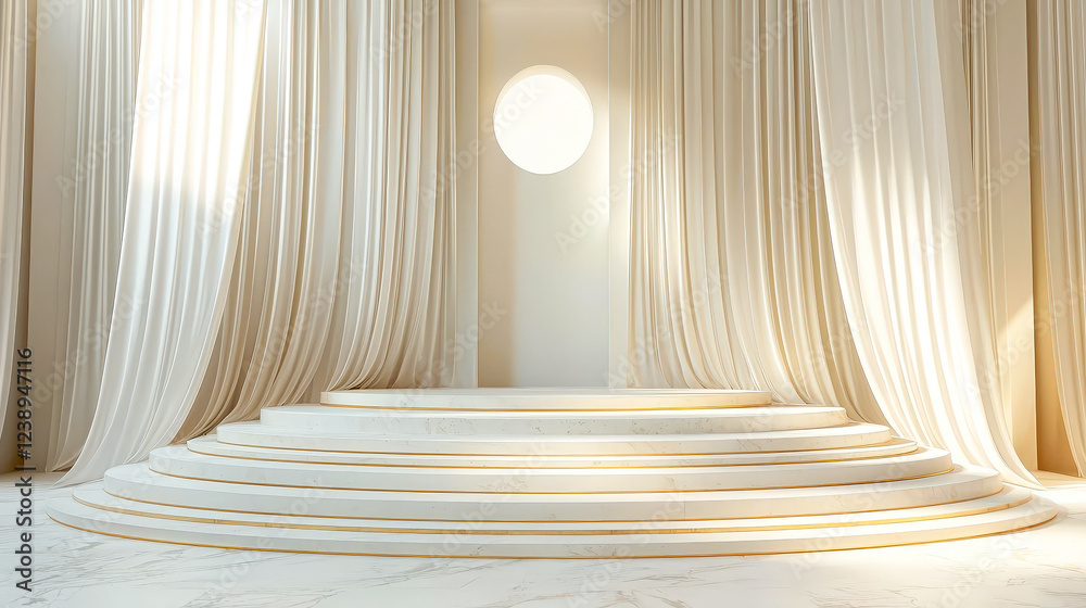 Aufkleber A spacious stage features soft white curtains and a round backdrop, creating an inviting atmosphere for performances and presentations
