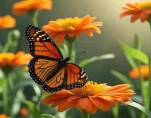 Fototapeta premium monarch butterfly basking in sunlight on top of a bright orange zinnia flower bloom , zinnia flower, summer garden