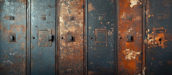 Rusty vintage lockers lined up in a row with peeling paint and textures showing wear and age. Copy Space available.