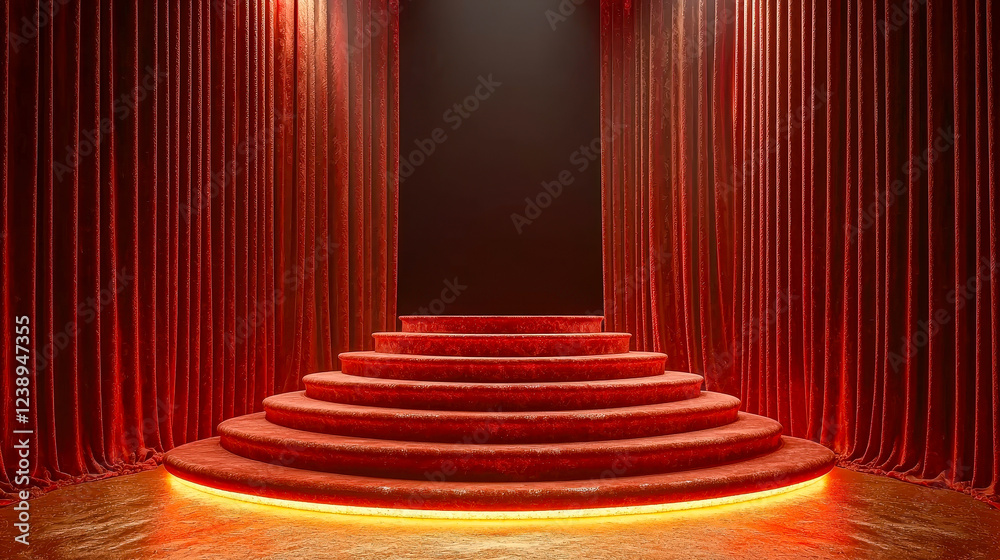 Aufkleber a striking stage features a red carpeted platform illuminated softly, surrounded by rich red curtain