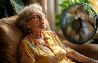 Elderly woman panting in front of fan at home during heatwave, suffering heat exhaustion