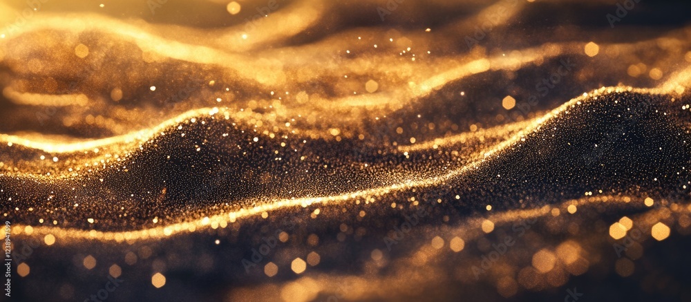 Poster golden sparkling sand texture with glittering particles creating a wavy pattern illuminated by soft 
