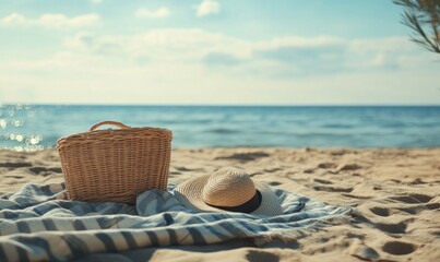Summer Beach Picnic Basket and Hat on Sandy Shore