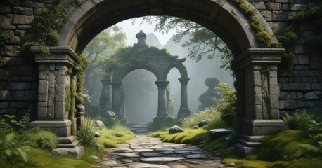 Obraz premium Moss-covered stone archway with intricate metal details, ancient stones, trees, outdoor landscape