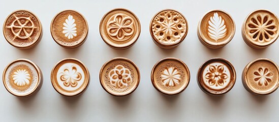 Latte art designs displayed in circular cups arranged in two rows showcasing various floral and geometric patterns with rich crema. Copy Space