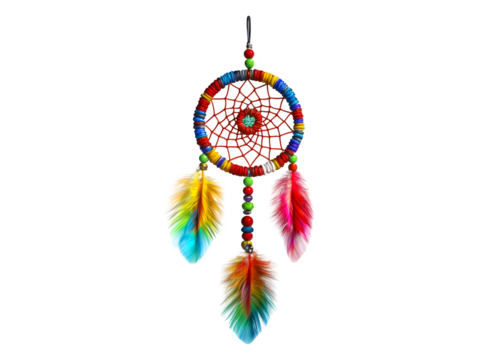 Colorful dreamcatcher with vibrant feathers and beads isolated on transparent background, PNG, cut out