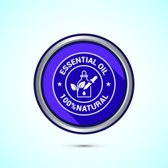 Essential oil icon design, 100 percent essential oil icon for product certificate tag, Blue shadow button design