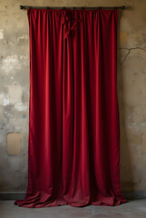 An old, worn red theater curtain hangs against a cracked wall.