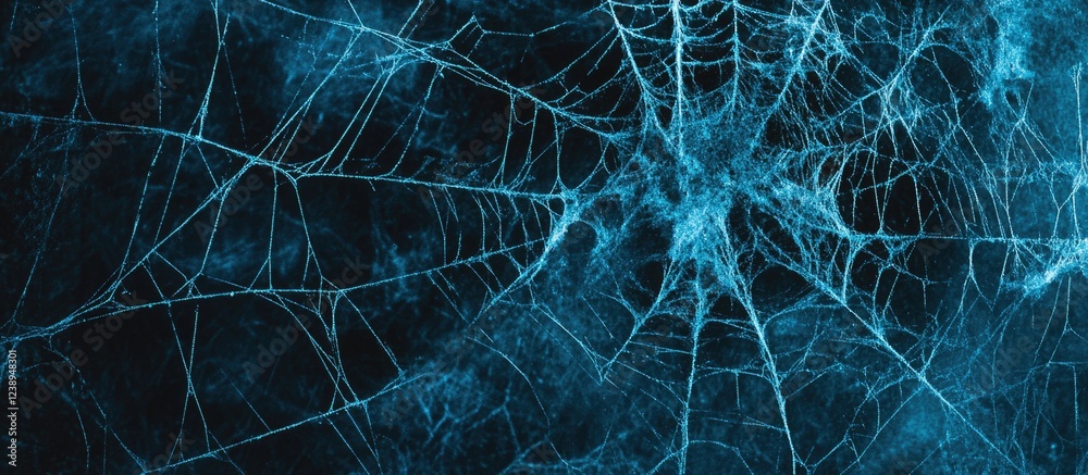 Wall mural blue spider web texture on dark background with intricate patterns and details suitable for abstract