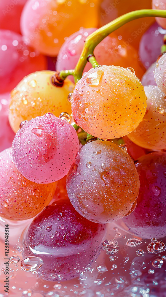 Aufkleber A close-up view of various colorful grapes covered in droplets of water, presenting a refreshing display perfect for summer enjoyment
