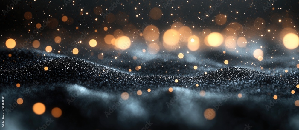 Poster abstract blurred background with sparkling golden bokeh lights and soft dark texture illuminated by 