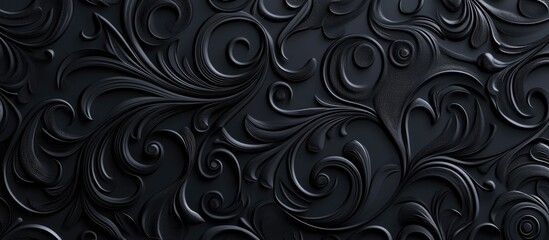 Black textured background with ornate floral patterns in relief detail suitable for use in design projects and as a wallpaper. Copy Space