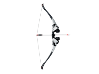 Black and silver compound bow with a red arrow and a white string in a poised position, isolated on transparent background, PNG, cut out