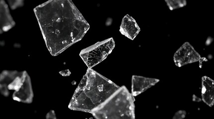 shattered glass fragments frozen in mid-air on a black background