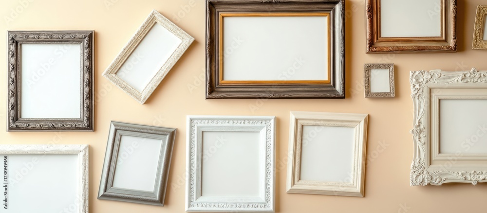 Poster assorted empty picture frames arranged on a light wall with space for text and decoration copy space