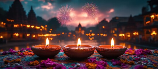 Diwali celebration with oil lamps on colorful altar, decorated with flowers, fireworks in the background at twilight, Copy Space