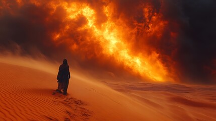 Desert wanderer facing fiery storm, sand dune landscape, apocalyptic background