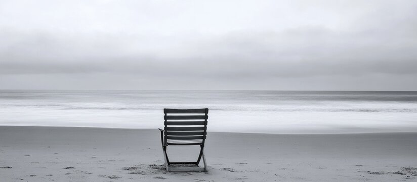 Black and white image of a lone beach chair facing the tranquil ocean with overcast sky and gentle waves at the shore Copy Space