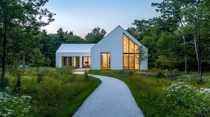 Obraz premium Modern white house, woods, garden path, dusk. Architectural design