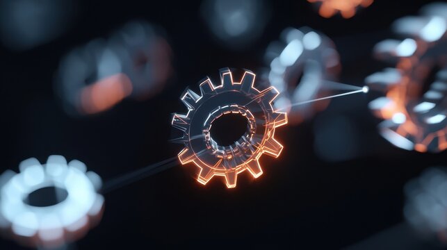 Abstract 3D Gears with Glowing Lights on Dark Background