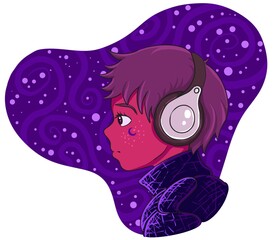 Girl wearing headphones against space backdrop
