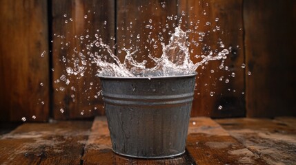 Naklejka premium Water Splashing from a Metal Bucket on Wooden Background