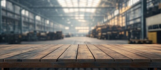Wooden table surface in an industrial warehouse with blurred background and copy space for text placement