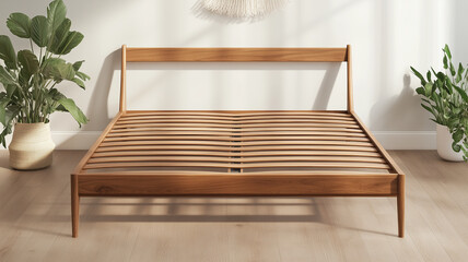 Modern wooden bed frame with slatted design, surrounded by plants, creating serene atmosphere. Ideal for minimalist bedroom decor
