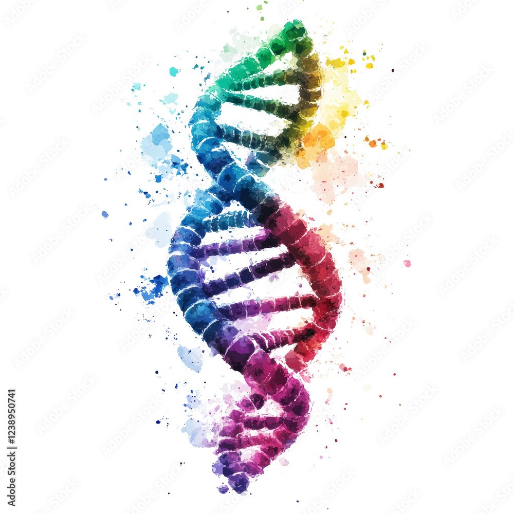 Poster A vibrant watercolor rendering of a DNA double helix, splashed with colorful paint, evokes scientific concepts and artistic expression.