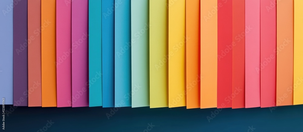 Poster colorful stacked paper sheets arranged in gradient pattern on dark background with copy space for te
