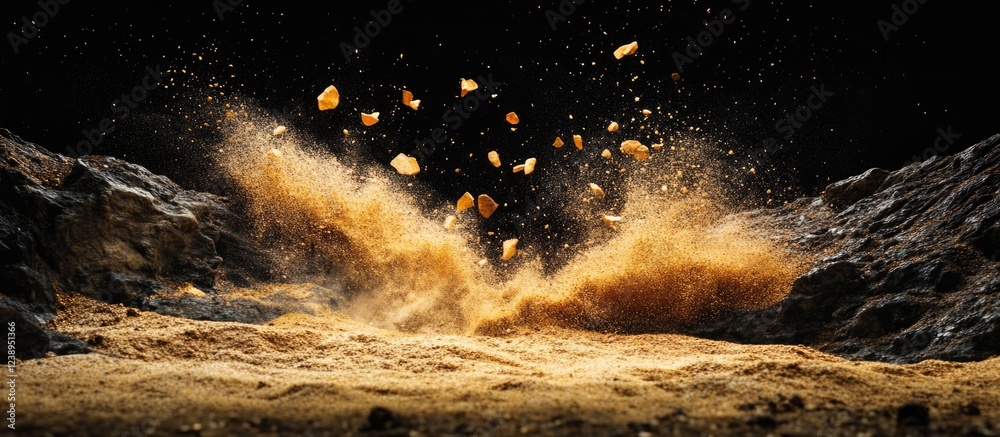 Poster explosion of golden dust and rocks against a dark background with dynamic motion capture and copy sp