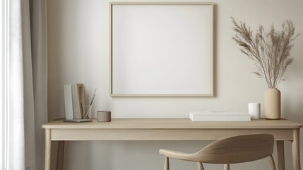 Cozy Scandinavian-Inspired Workspace with Framed Poster Mockup on Wooden Desk