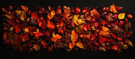 Colorful autumn leaves arrangement on a dark background with varied shapes and sizes Copy Space