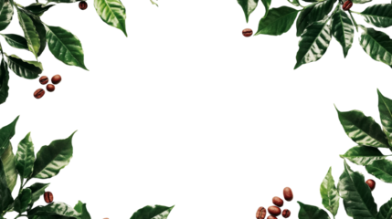 A frame of vibrant green coffee leaves and roasted beans against a stark black background.