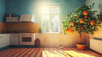 Bright kitchen interior with orange tree and sunlight streaming through window in the morning