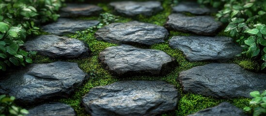 Stone pathway covered in moss and surrounded by greenery with natural textures and details suitable for landscaping projects Copy Space
