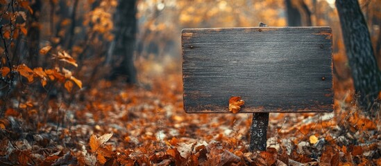 Wooden signboard in autumn forest with fallen leaves and orange foliage, suitable for text overlay, Copy Space