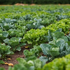 Naklejka premium A vibrant vegetable field with a variety of ripe, fresh vegetables growing in a lush green landscape, shot close up.