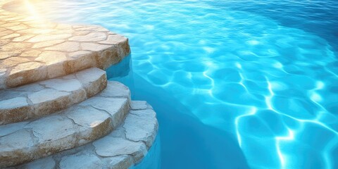 Stone steps leading into clear blue swimming pool water with sunlight reflections and gentle wave patterns. Copy Space.