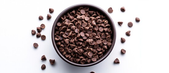 Naklejka premium Bowl of chocolate chips surrounded by scattered chocolate chips on white background with Copy Space