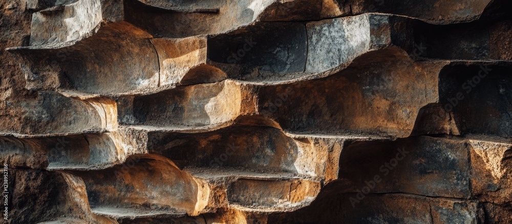 Poster abstract close-up of textured rock surface with layered formations and natural color variations, ide