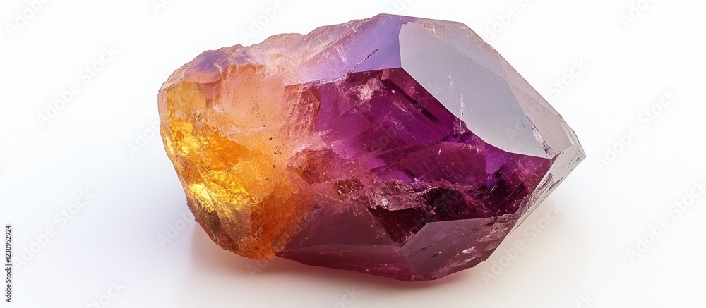 Poster multicolored amethyst and citrine crystal cluster with sharp edges and glossy surface on white backg