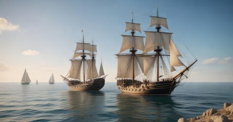 Fototapeta premium Old sailing ship on a calm sea with sailboats and yachts in the background, yacht racing, maritime history