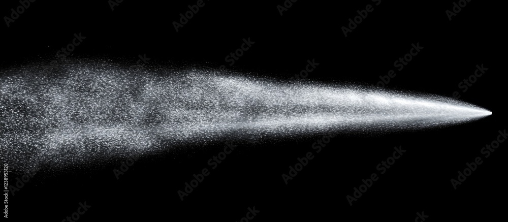 Poster white spray or mist on black background with dynamic motion effect and ample copy space for text ins