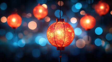 Fototapeta premium Glowing red lanterns, bokeh background.