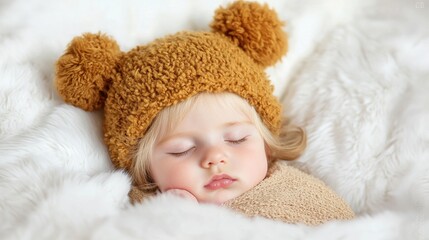 Toddler sleeping peacefully in cozy hat, blanket
